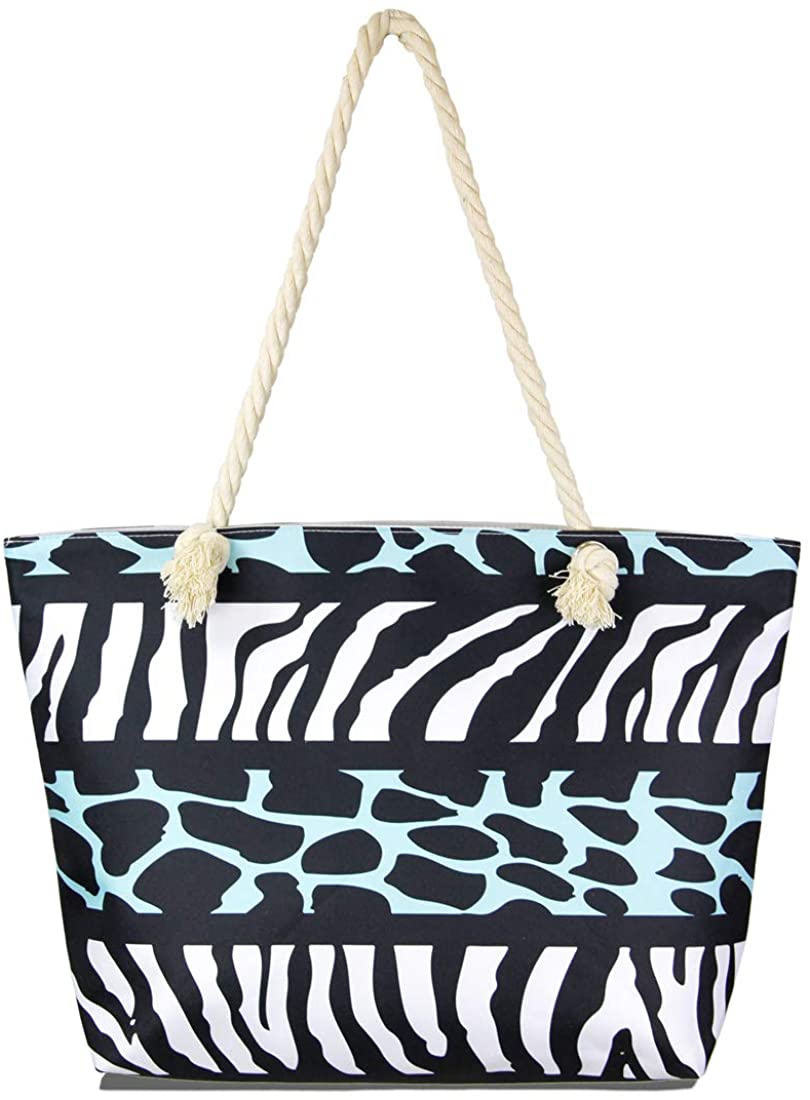 Price:$16.99    MIRMARU Women’s Summer Large Beach Top Handles Tote Bag - Canvas Travel Shoulder handbags with Top Zipper Closure.(Animal Print - White)  Clothing