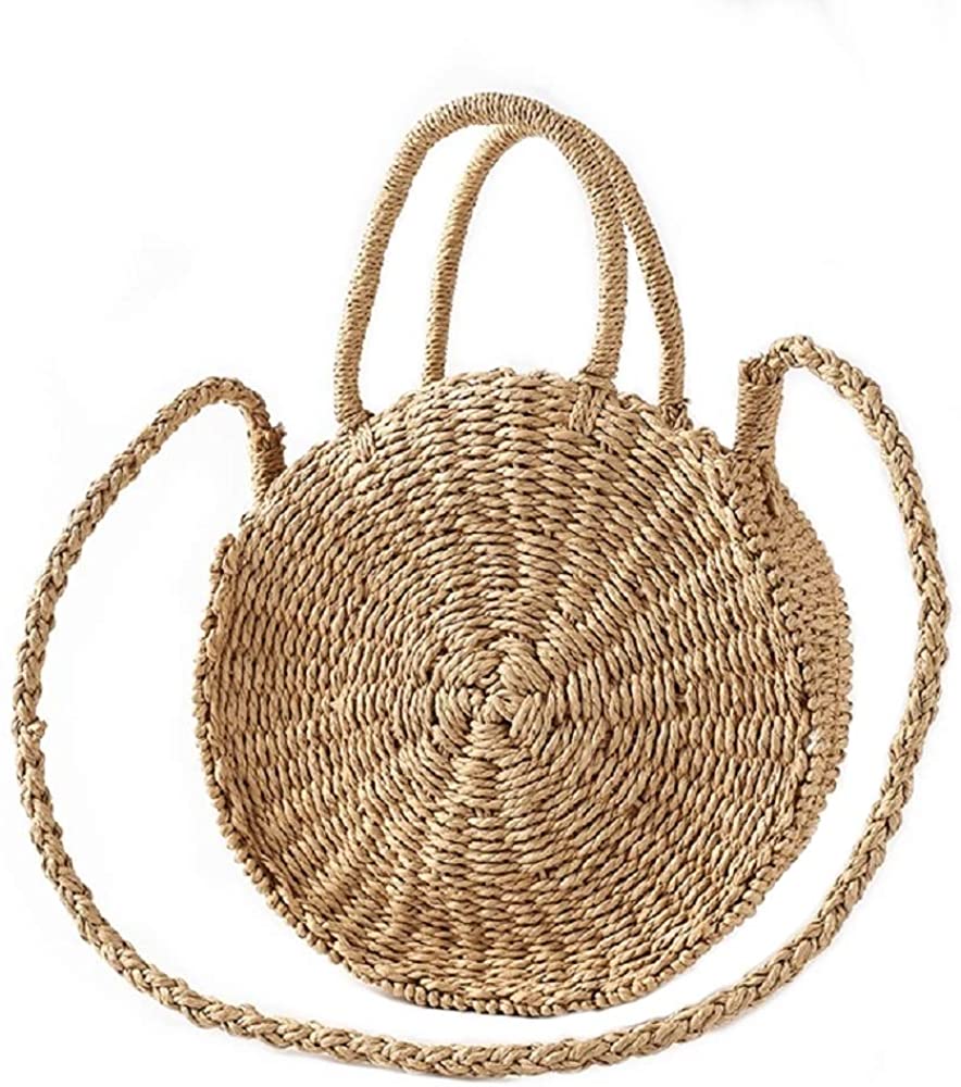 Price:$16.75 Aiello’s Story Round Handwoven Straw Bag Summer Beach Purse and Handbags Women shoulder bag Crossbody Bag (Khaki)  Handbags   