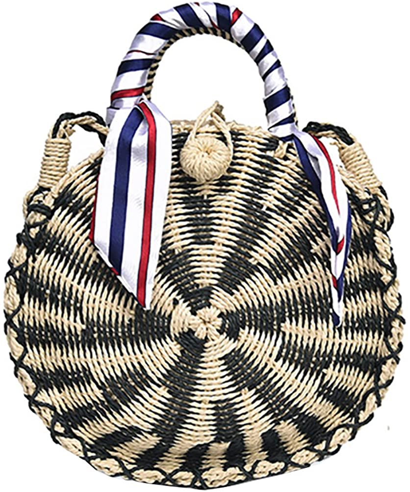 Price:$29.49    QZUnique Women's Straw Woven Bucket Bag Crossbody Bag Shoulder Bag Round Handbag Purse With Ribbon Black  Clothing