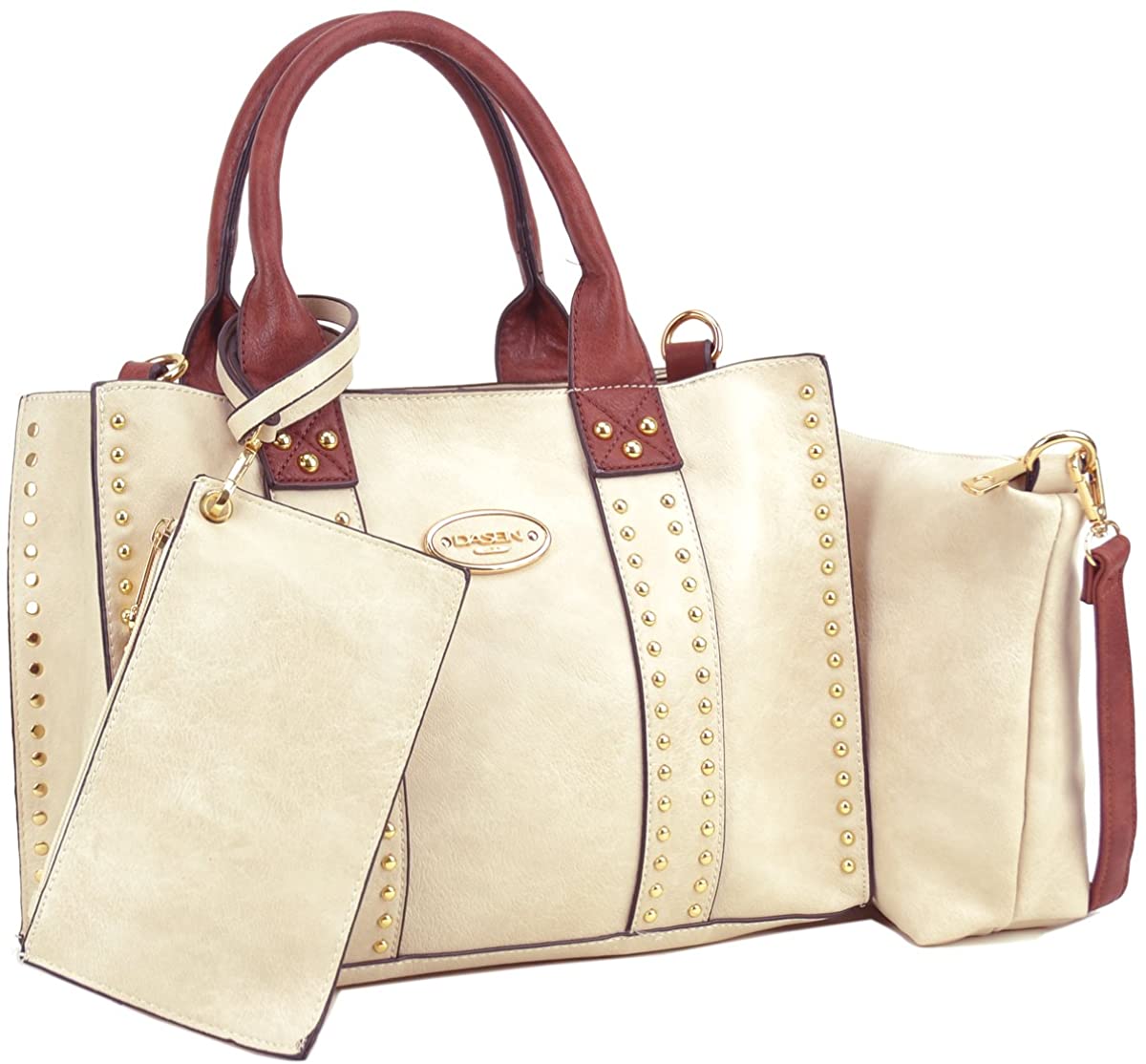 Price:$35.75    Satchel Handbags for Women Designer Tote Purses Studded Medium Top Handle Shoulder Bags 3pc Set Ladies (Beige/Coffee)  Clothing