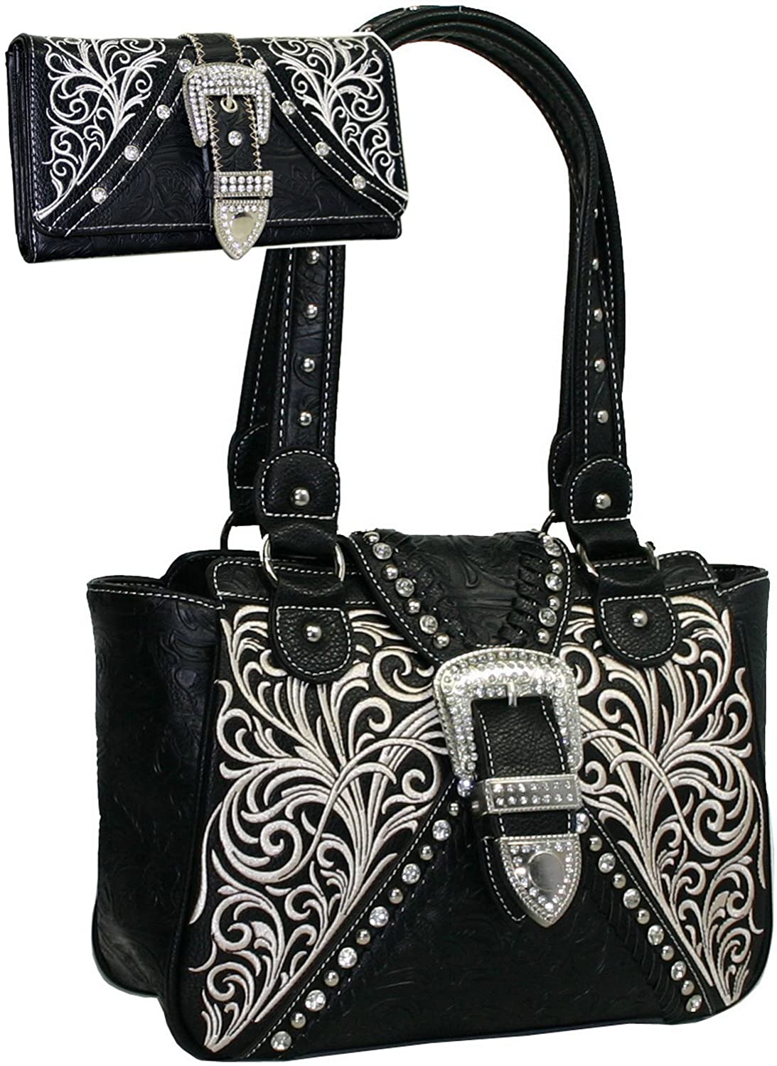 Price:$47.58 Western Embroidered Camo Buckle Handbag Purse Wallet Set -Black  Handbags   