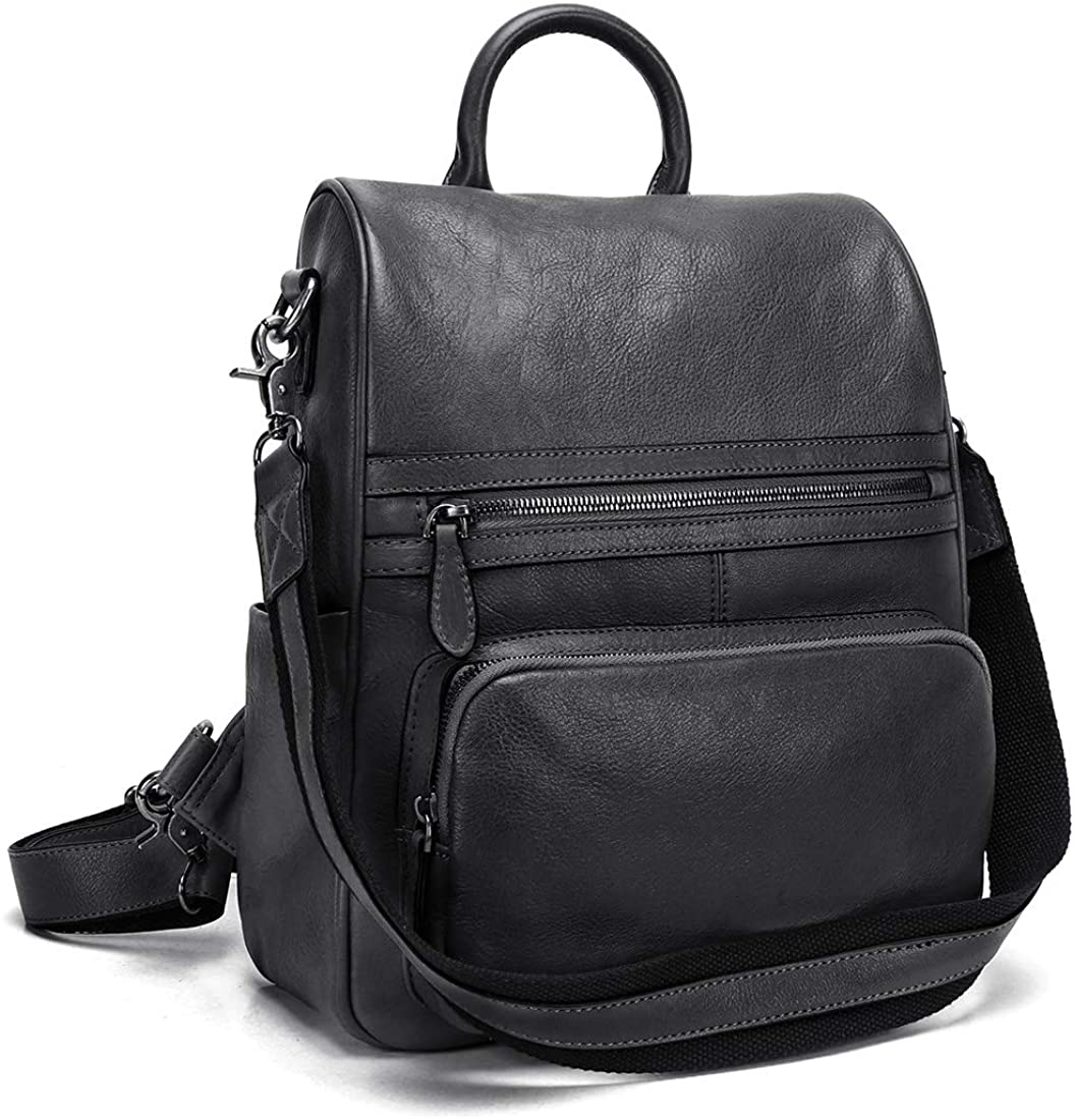 Price:$118.99 Fei Studio Women Genuine Leather Backpack Vintage Leather Anti-theft Casual Shoulder Bag Large Capacity Ladies Satchel Bags (Black)  Handbags   
