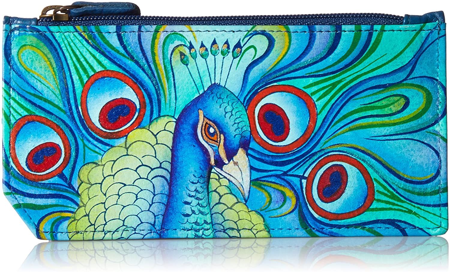 Price:$33.93 Anuschka Hand Painted Leather Women's RFID Blocking Card Case with Coin Pouch - Jeweled Plume  Handbags   