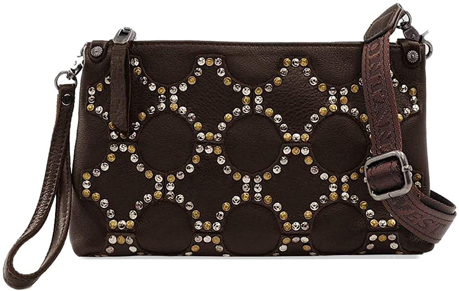 Price:$39.99 Montana West Genuine Leather Clutch Purse for Women Wristlet Rhinestone Shoulder Bag Silver Rivets Crossbody Bag  Handbags   