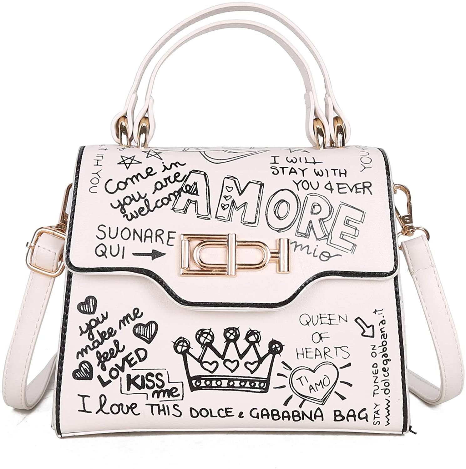 Price:$35.99 Women Color Graffiti Printed Shoulder Bags, Luxury Chain Handbags, Vintage Cool Graffiti Stylish, Messenger Bag, Small Square Bag (White)  Handbags   