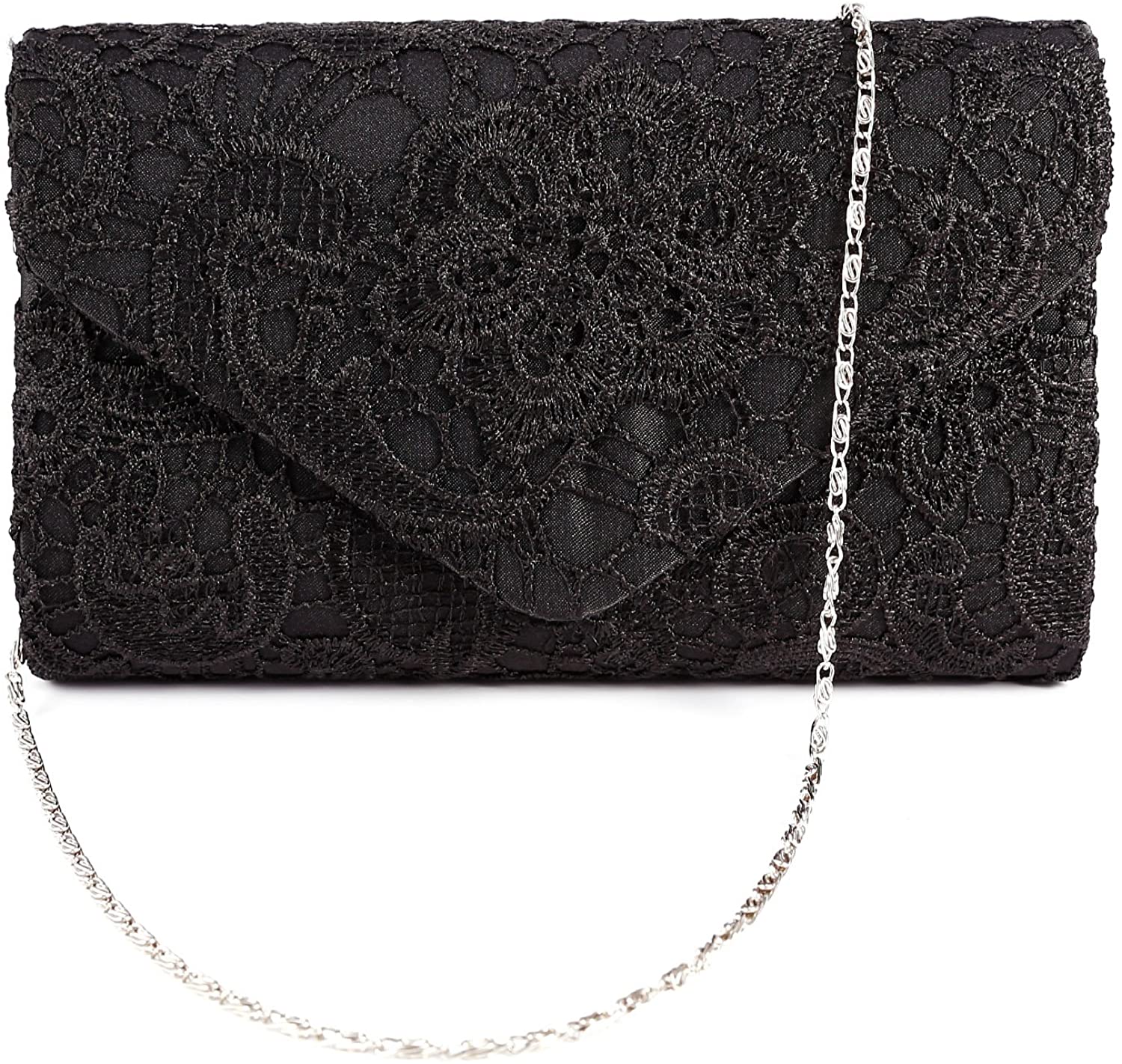 Price:$12.99 Anladia Ladies Lace Floral Prom Evening Clutch Women Bag Wedding Shoulder Handbag Purse (Black)  Handbags   