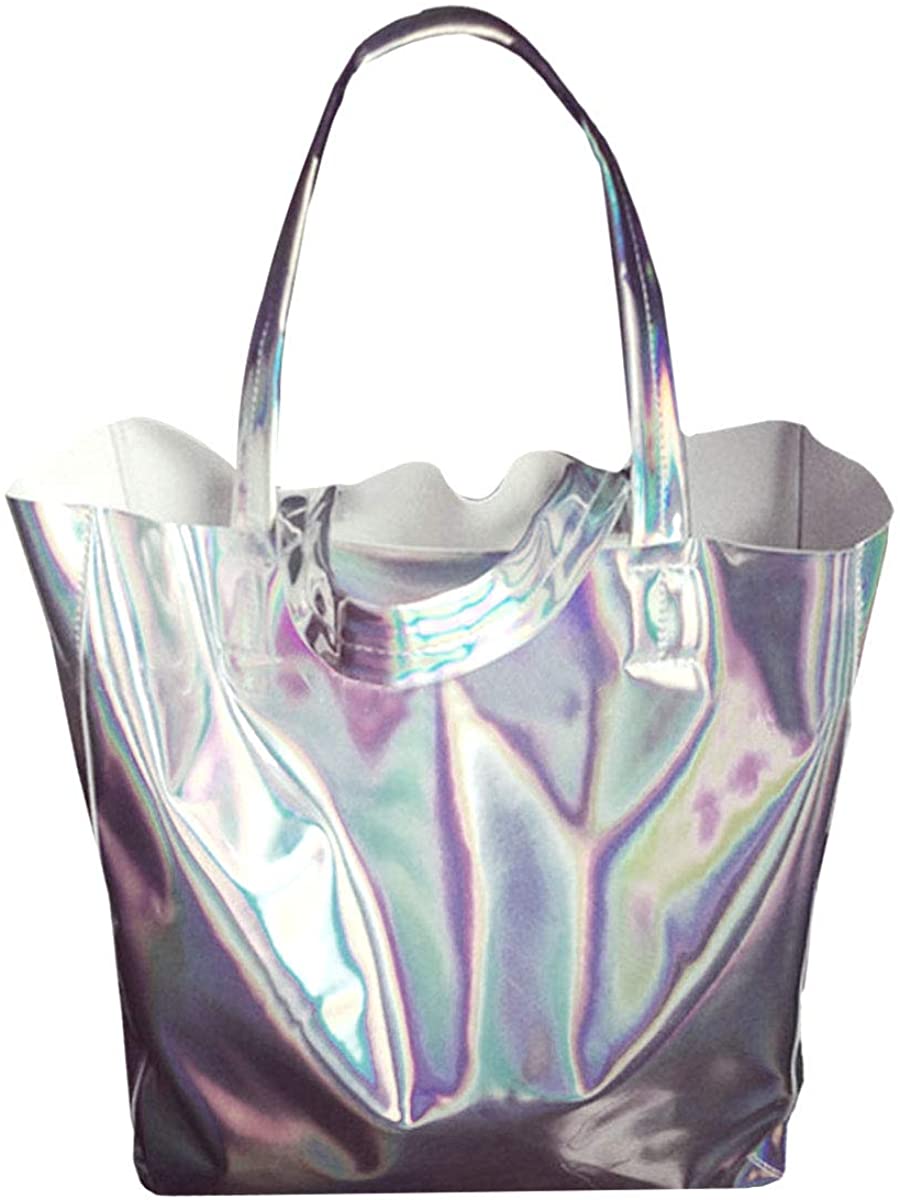 Price:$17.86    Van Caro Womens Open Top Holographic Tote Shoulder Bag Laser Shopper Bag Silver  Clothing
