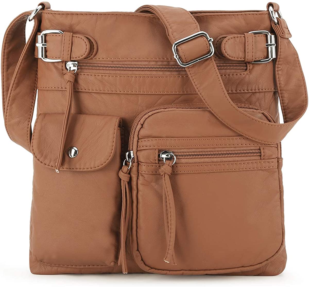 Price:$28.99 Multi Pocket Crossbody Bag for Women, Ultra Soft Washed Vegan Leather Shoulder Purse (3296L#6802#176BROWN)  Handbags   