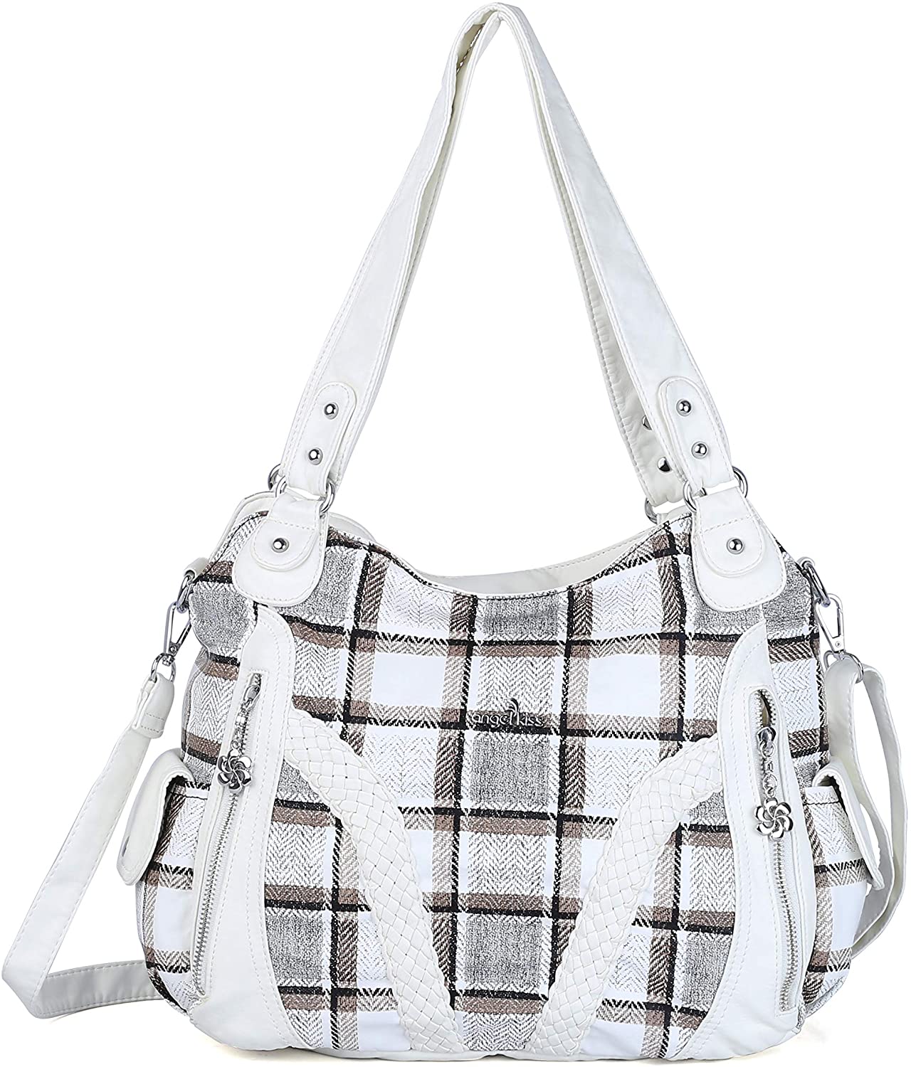 Price:$34.04    Angelkiss Women Top Handle Satchel Handbags Shoulder Bag Messenger Tote Washed Leather Purses Bag … (7G-White)  Clothing