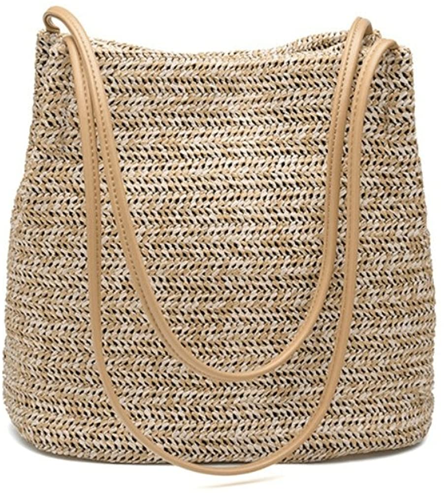 Price:$19.99 OVOV Women's Women's Summer Beach Straw Handbag Large Woven Shoulder Bag (Khaki)  Handbags   