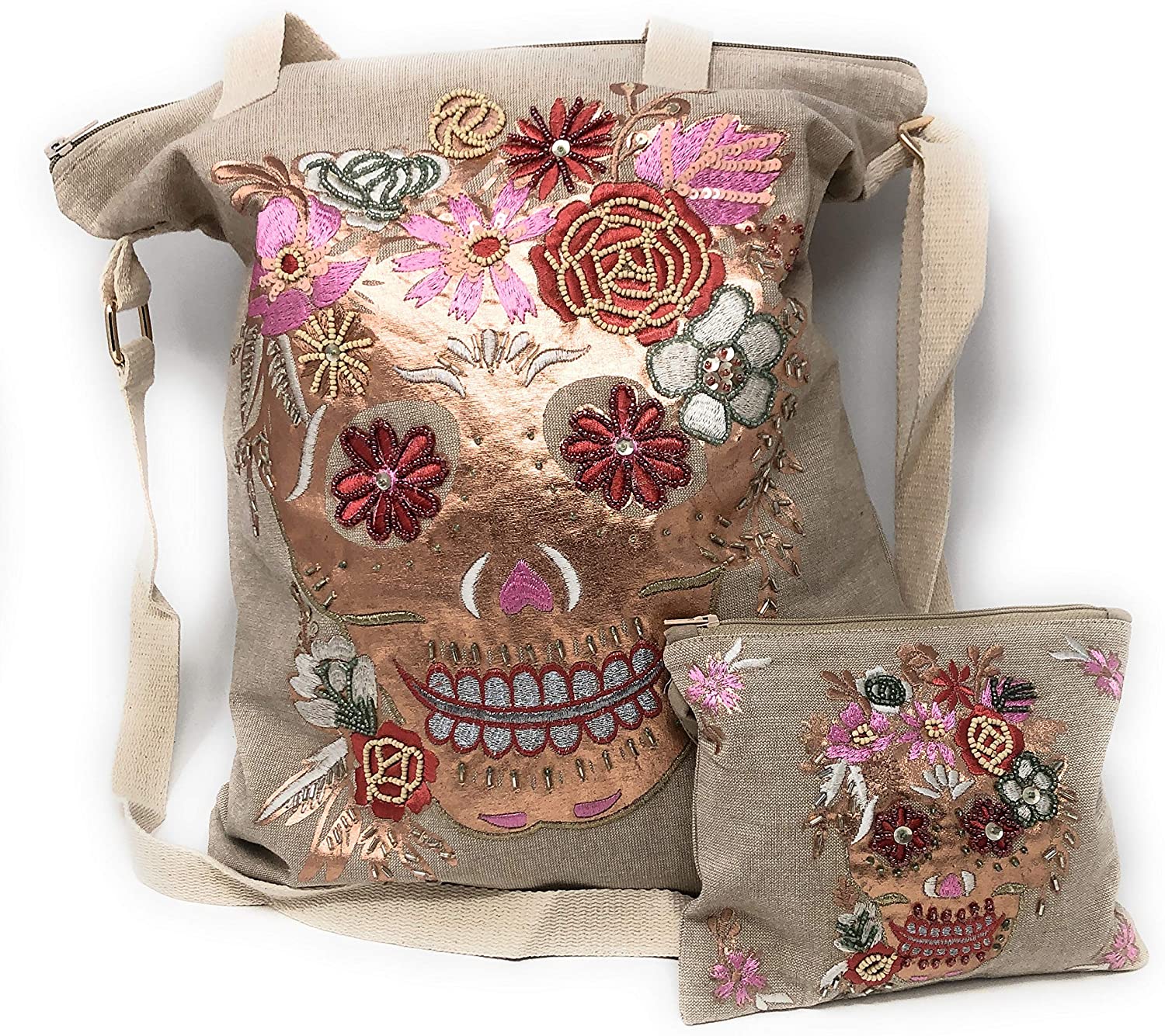 Price:$42.99    Sugar Skull Rose Flower Day of the Dead Concealed Carry Purse Totes Women Handbag Shoulder Bag Wallet Set (Rose)  Clothing