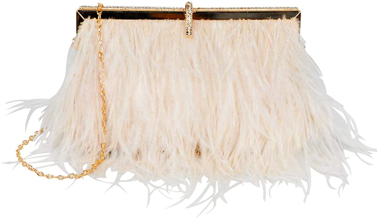 Price:$45.99 L'VOW Women' Ostrich Feather Evening Clutch Bridal Handbag Shoulder bag for Wedding Party (Chamagne)  Handbags   