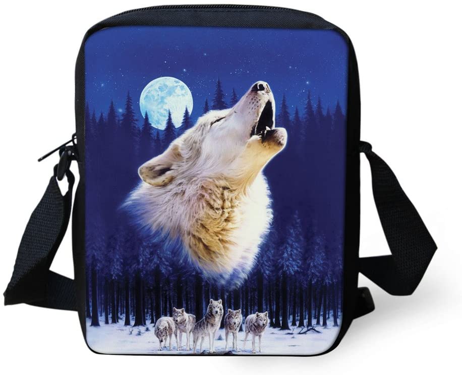 Price:$9.99 UNICEU Moon Wolf Cross-body Shoulder Bag for Girls Boys Teenagers Mini Purse Blue  Handbags   