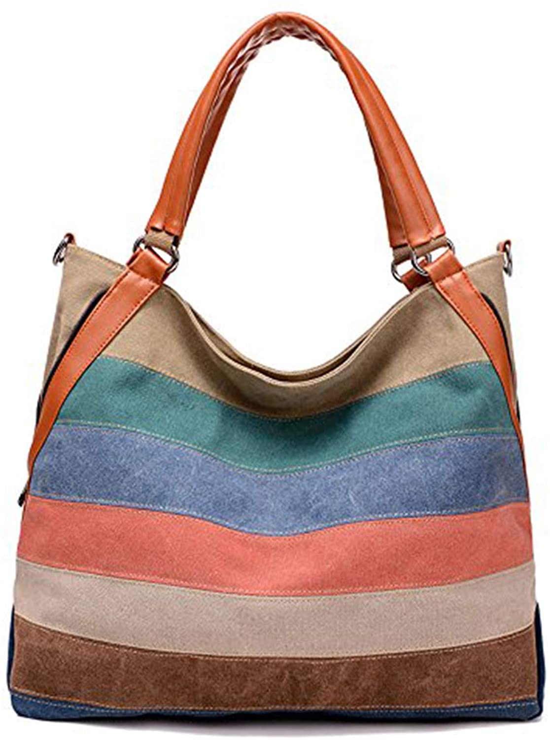 Price:$23.89 Wewo Casual Beach Shoulder Bag Large Capacity Shopping Bag Rainbow Canvas Tote Bag Fashion Crossbody Bag For Women (Multicoloured)  Handbags   