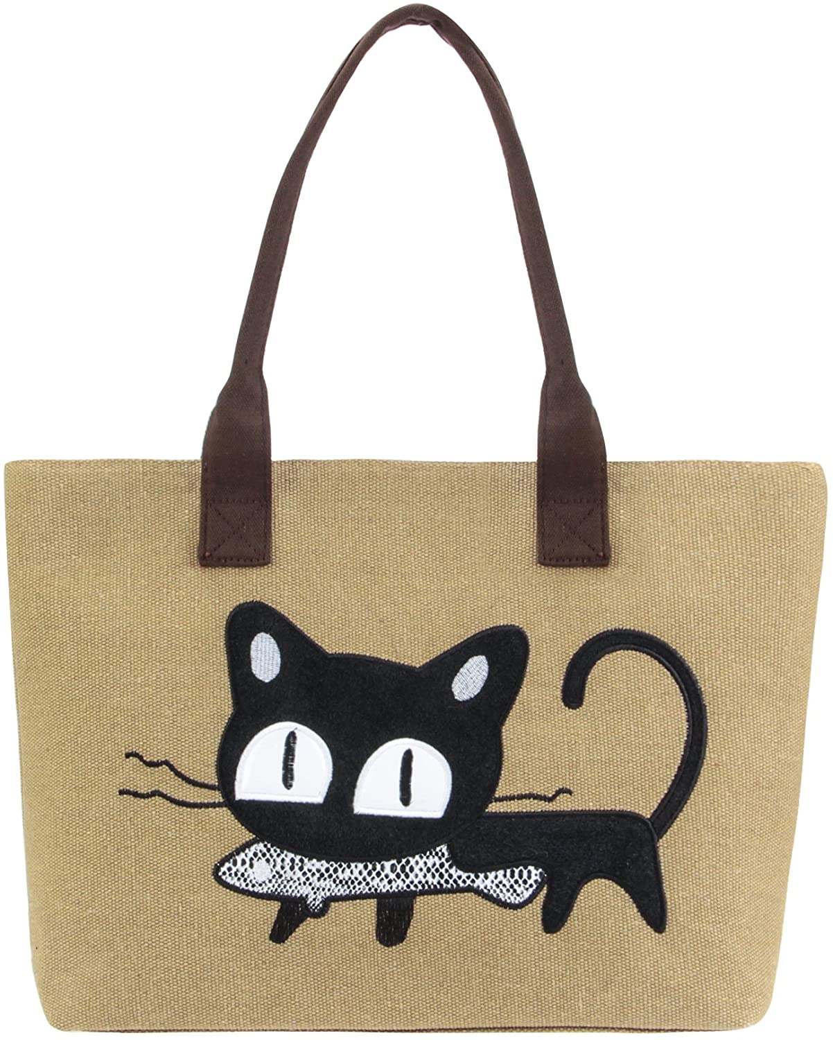 Price:$9.99    Tom Clovers Cat Animal Tote Bag Large Utility Canvas Shoulder Purse Top Handle Handbag Beach Satchel Bag Women Girl with Zipper Khaki  Clothing