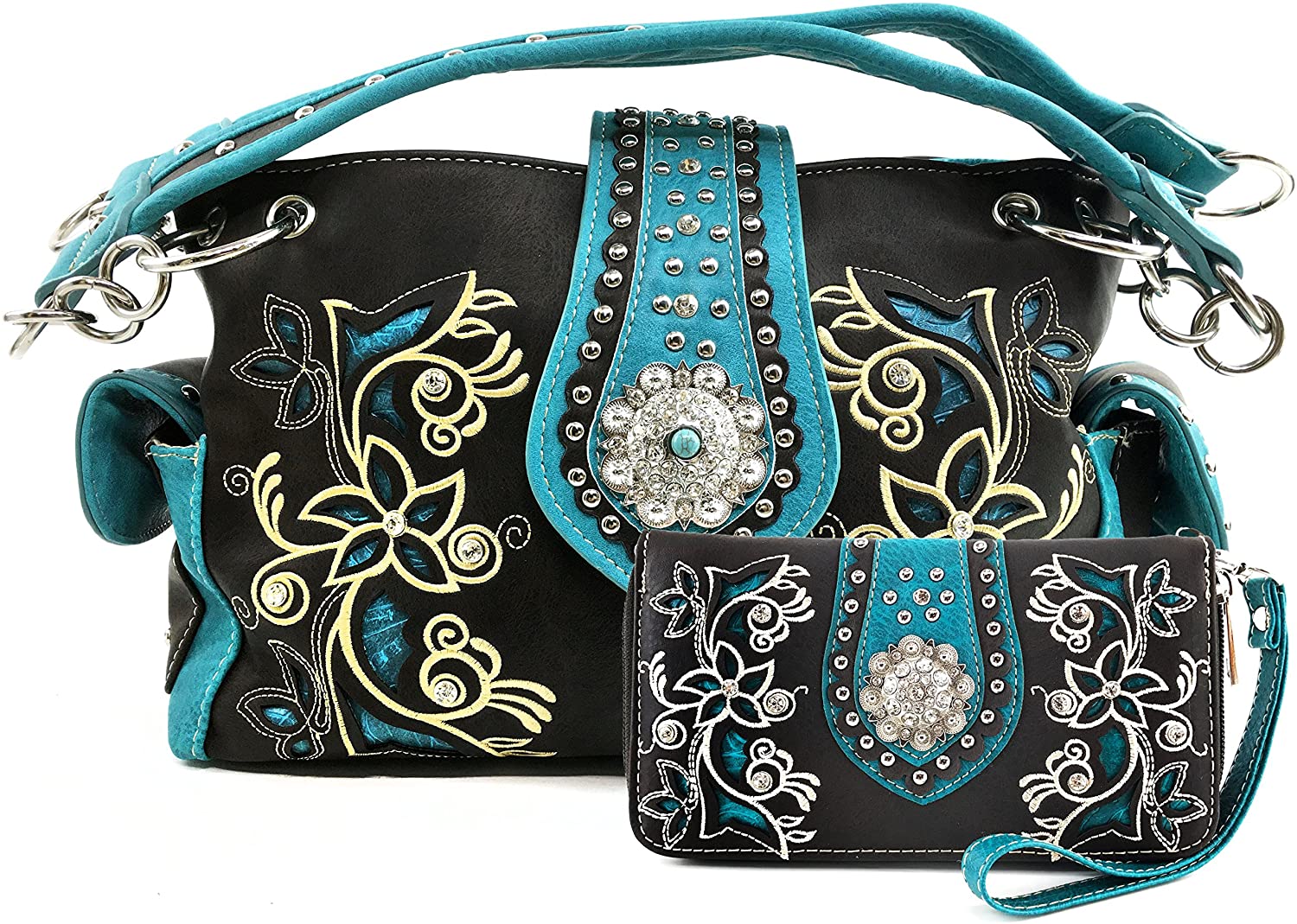 Price:$63.86 Justin West Embroidery Floral Turquoise Rhinestone Concho Laser Cut Tooled Leather Western Shoulder Concealed Carry Handbag Purse (Turquoise Dark Brown Purse and Wallet)  Handbags   