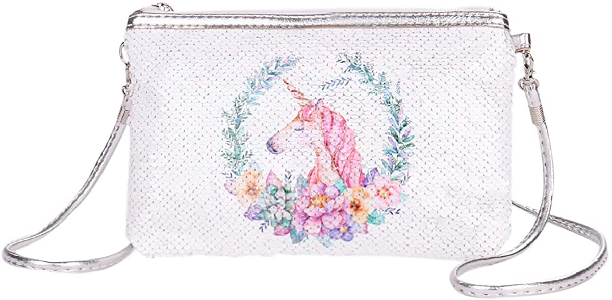 Price:$11.99 2 Unicorn Pattern Reversible Sequins Crossbody Shoulder Bag Small Clutch Handbag for Women Kids Girls  Handbags   