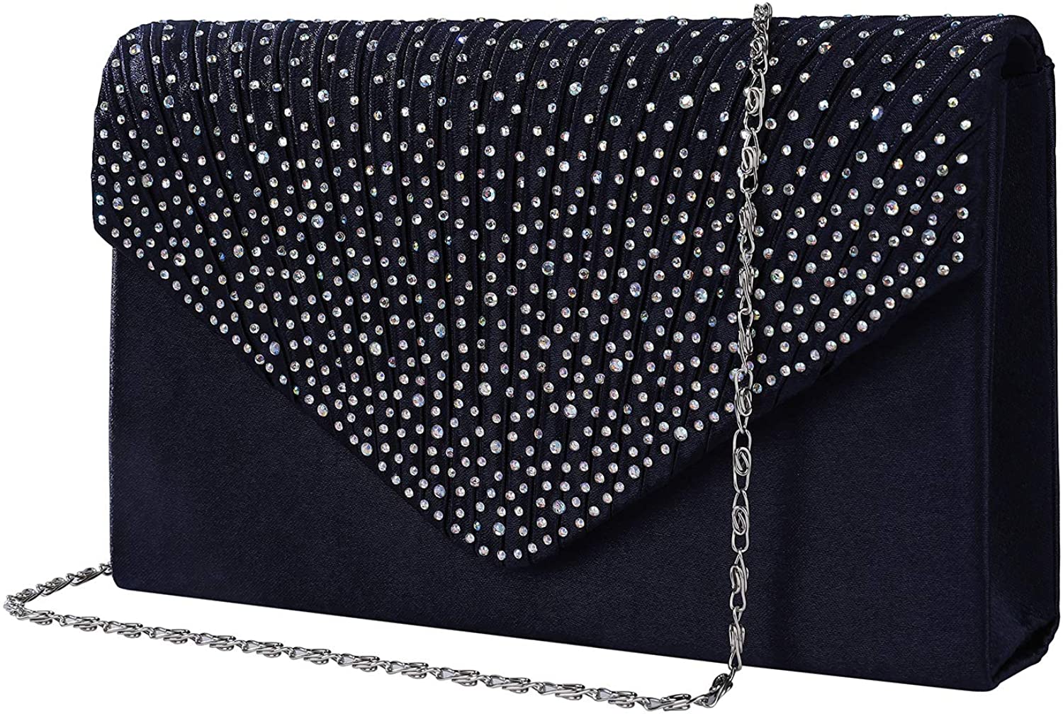 Price:$10.99 Evening Clutch Bag, Envelope Handbag Purse Shiny Women Lady Rhinestone Embellished and Pleated Satin Clutch Wallet, Shoulder Cross Body Bag for Bridal Wedding Party, Dark Navy  Handbags   