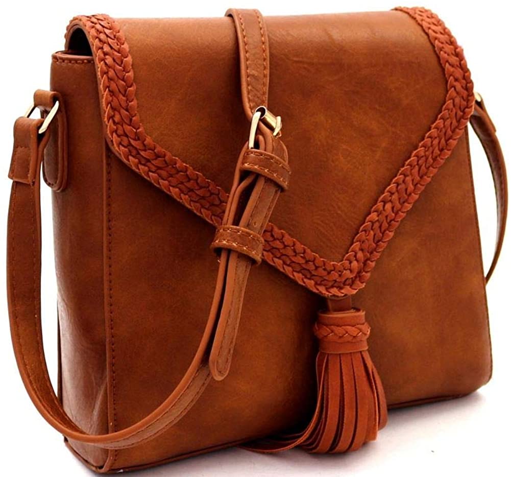 Price:$26.98    Boho Tassel Braided Flap Vegan Leather Structured Saddle Crossbody Shoulder Bag Satchel Purse  Clothing