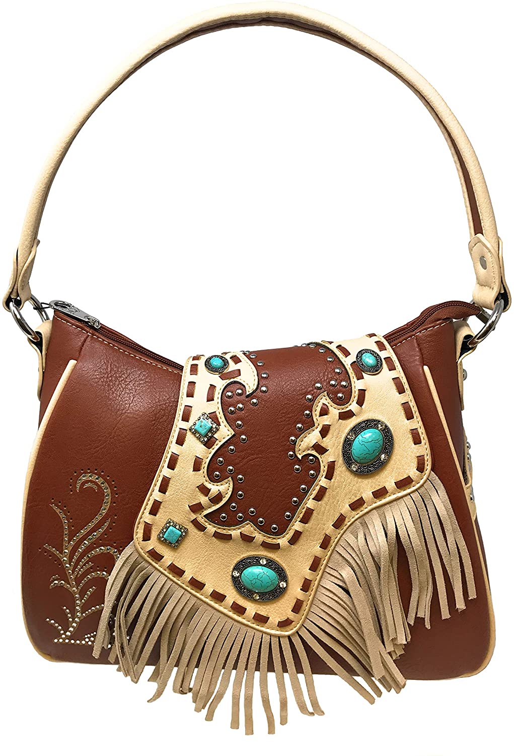 Price:$39.99 Montana West Ladies Hobo Bag Purse Turquoise Rhinestones Leather Fringe Brown  Handbags   