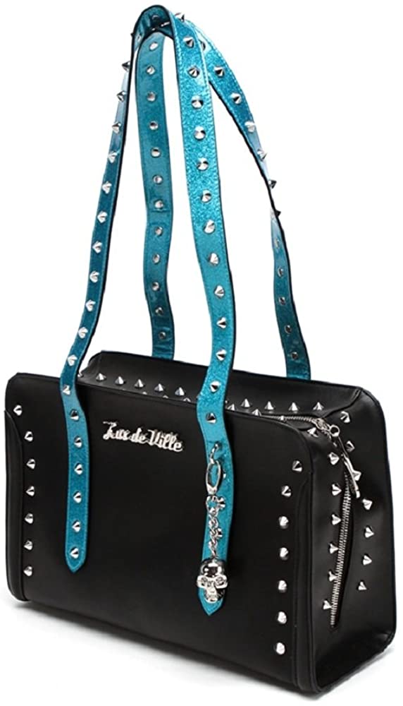 Price:$89.95    Lux De Ville 'Troublemaker' Purse Tote with Pointed Studs (Black Villain Blue Sparkle)  Clothing