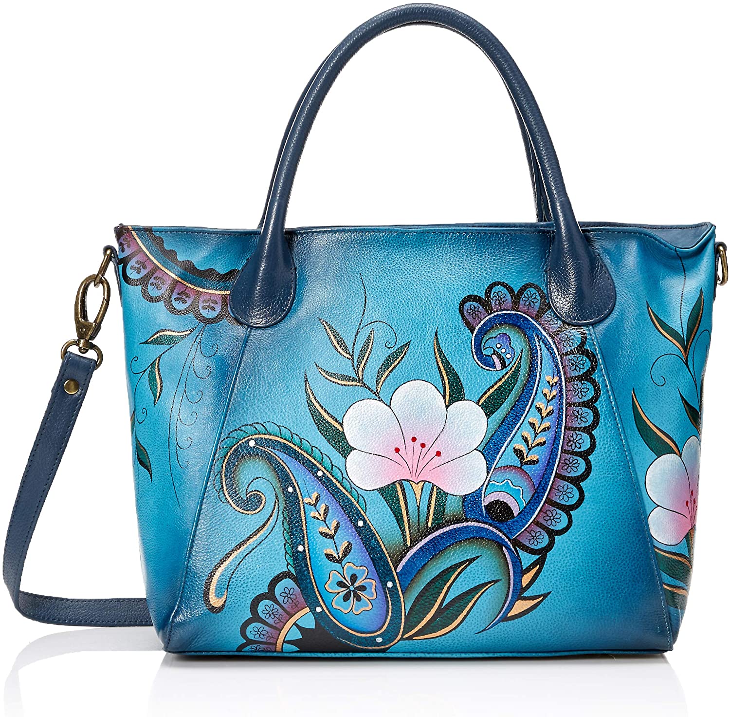 Price:$244.34    Anna by Anuschka Women's Genuine Leather Large Slouch Tote Bag | Hand Painted Original Artwork | Denim Paisley Floral  Clothing