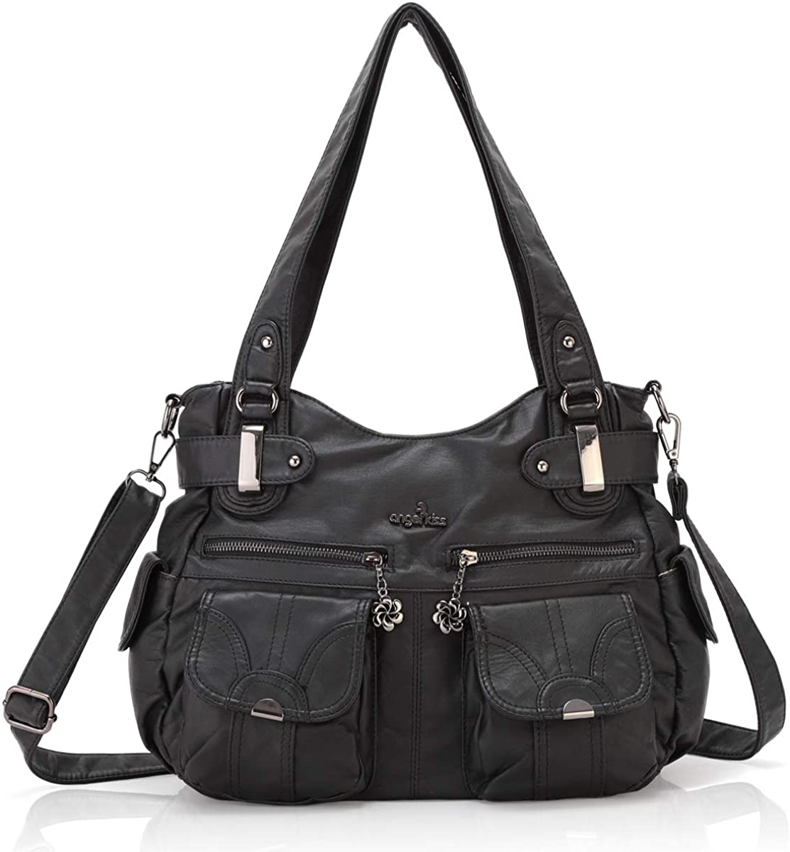 Price:$39.99    Women Handbags Shoulder Bags Washed Leather Satchel Tote Bag Mutipocket Purse (5739 Black)  Clothing