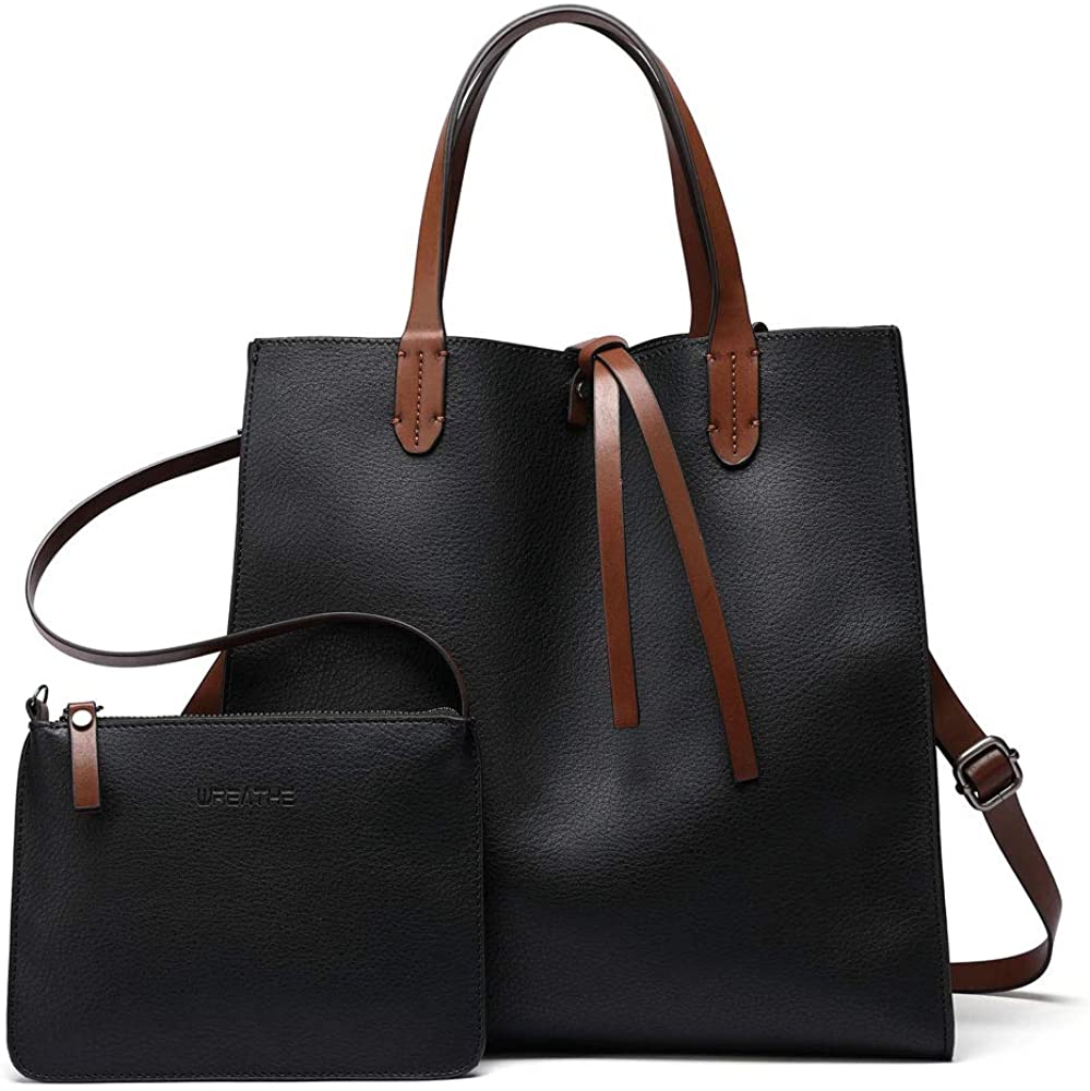 Price:$14.31    WREATHE Women Fashion Tote Premium Vegan Leather Handbag Shoulder Crossbody Bag Purse 2 Pcs Set HGA0009 (Black)  Clothing