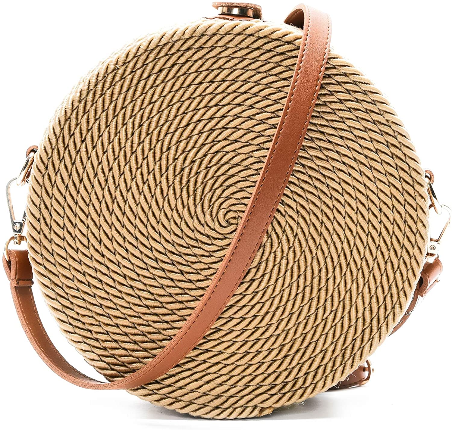 Price:$30.99 Handwoven Round Crossbody Straw Shoulder Bag for Women with Shoulder Leather Strap (BEIGE)  Handbags   