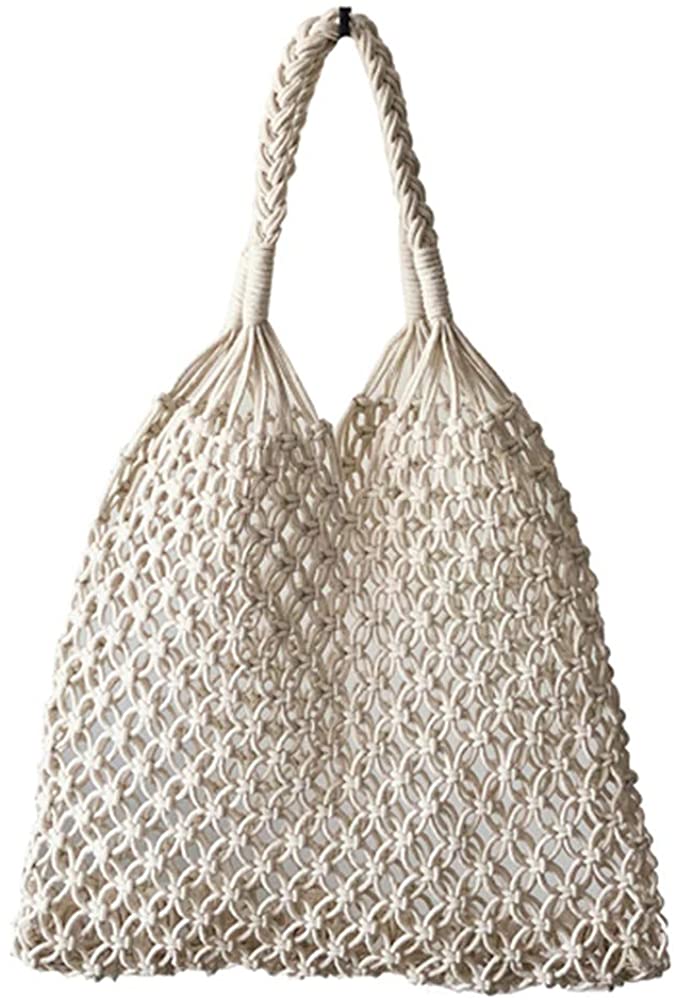 Price:$14.99 Hixixi Cotton Rope Travel Beach Fishing Net Handbag Shopping Woven Shoulder Bag for Women Girls (White)  Handbags   