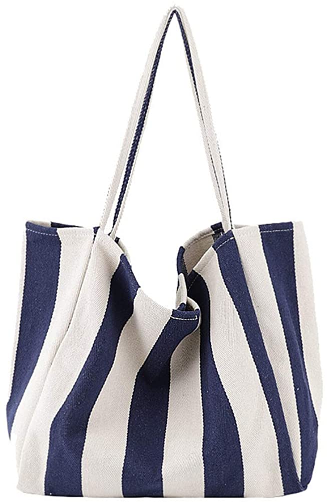 Price:$13.89    GuaziV Canvas Tote Bag Girls Womens Ladies Cotton Zipper Large Medium School Shoulder Bag Shopping Travel Accessory Organizer Retro Casual Handbags With Pocket boho Totes Bag (Wide Stripe Blue)  Clothing