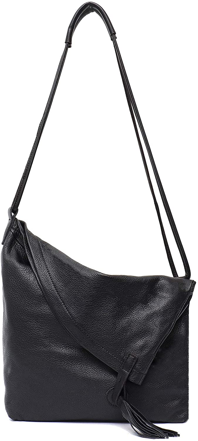 Price:$123.33 STEPHIECATH Women Handbag Retro Style Luxury Genuine Spanish Cow Leather Crossbody Bags Female Shoulder Bag Large Soft Vintage Design Tassel Casual Long Belt Lady Handbag(Black)  Handbags   