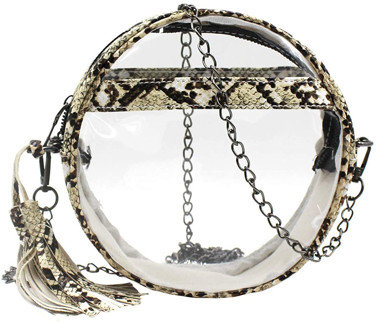 Price:$13.99 Clear Snakeskin Print Tassel Crossbody Bag Round Transparent Shoulder Handbag for Women Girls  Handbags   