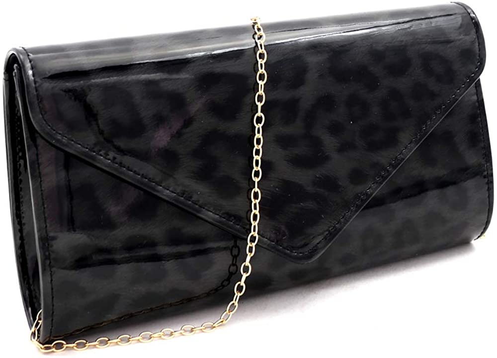 Price:$19.95 Leopard Print Glossy Faux Leather Clutch Purse Shoulder Bag with Chain Strap (Envelope Flap - ZBlack)  Handbags   
