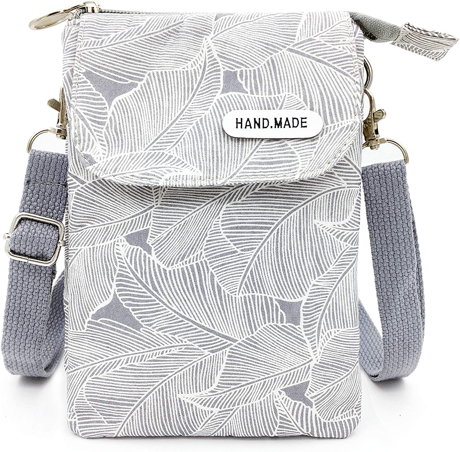Price:$10.99 Roomy Pockets Series Cell Phone Purse Wallet Canvas Leaf Pattern Small Crossbody Purse Bags with Shoulder Strap(gray leaves)  Handbags   