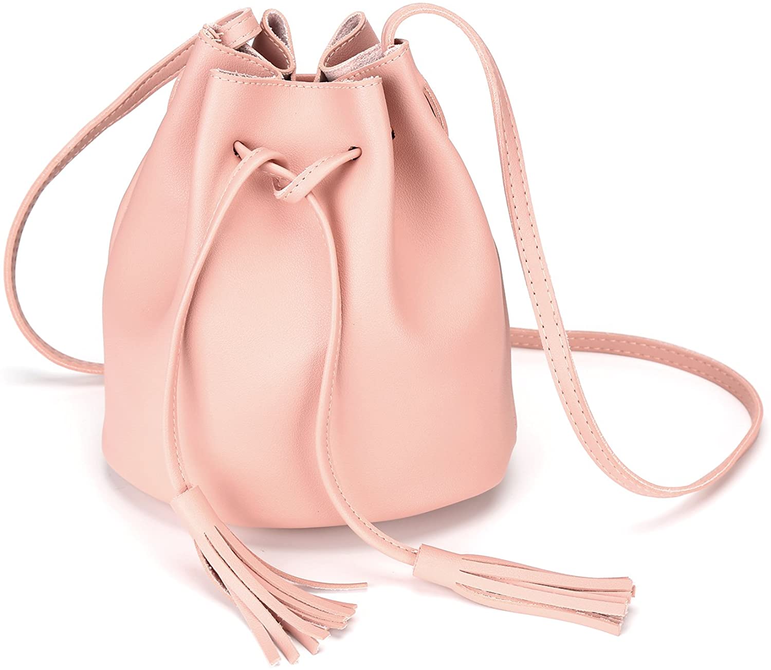 Price:$14.99    Crossbody Handbags Drawstring Bucket Bag for Women Shoulder Bag Purse Tote PU Leather Bags (One Size, Pink)  Clothing