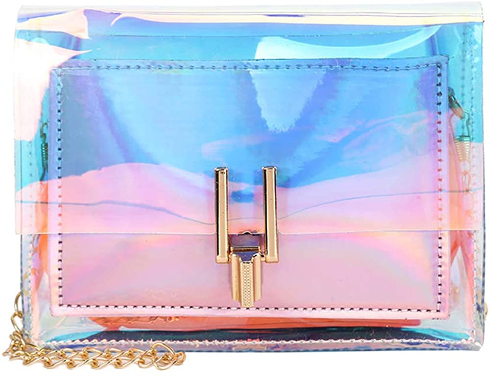 Price:$15.99 Transparent Holographic Clear Handbag Shoulder Crossbody Bag Messenger with Chains for Women Girls  Handbags   