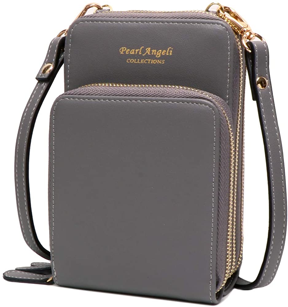Price:$23.99 Small Crossbody Bag RFID Cellphone Wallet Purse Shoulder Bag Ladies Handbag Purse with 2 Straps Grey  Handbags   