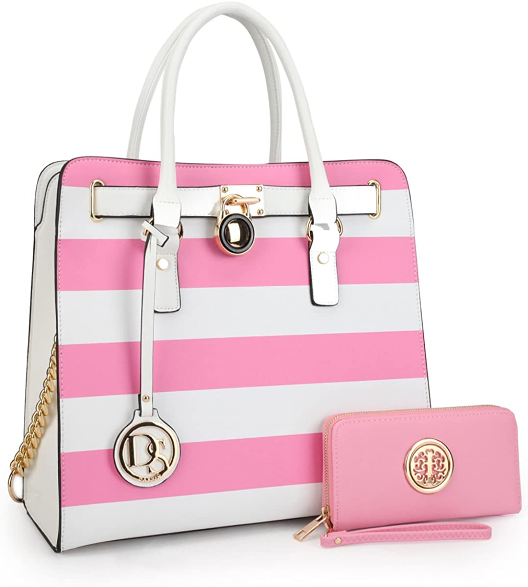 Price:$37.99    DASEIN Fashion Top Belted Tote Satchel Designer Padlock Handbag Shoulder Bag for Women (2553w-Black Stripe)  Clothing