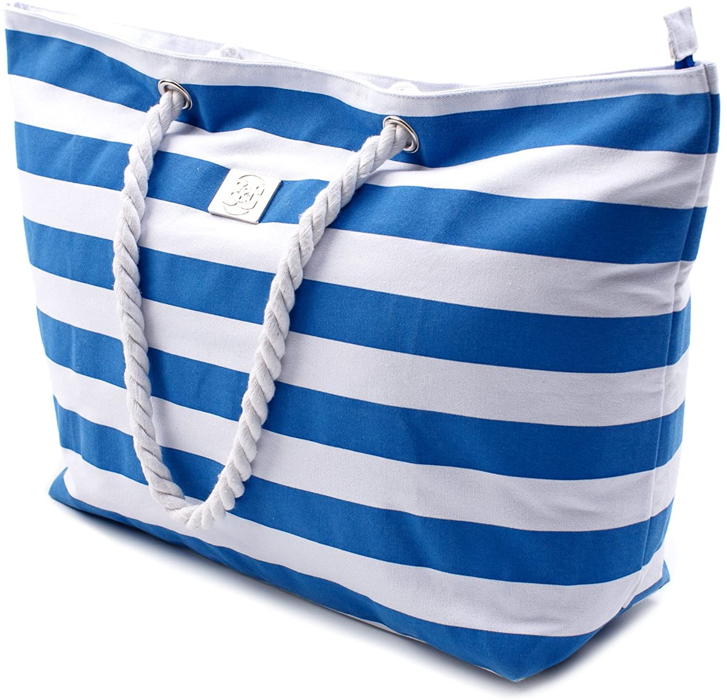 Price:$25.99   | Large Canvas Striped Beach Bag - Top Zipper Closure - Waterproof Lining - Tote Shoulder Bag For Gym Beach Travel (Striped Blue) | Travel Totes