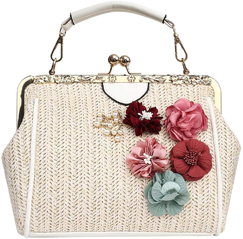 Price:$13.99 Puedo Exquisite Handmade Floral Straw Bag Beach Women Rattan Woven Shoulder Handbag Summer Crossbody Bag, Beige, One Size  Handbags   
