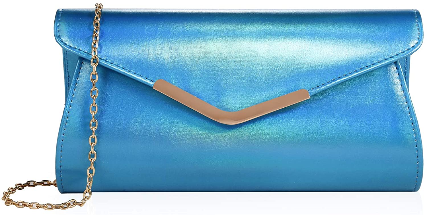 Price:$11.77 Iridescent Leather Evening Bag Clutch Handbag With Shoulder Strap for Girls Party Wedding Purse Crossbody Bag (Blue))  Handbags   