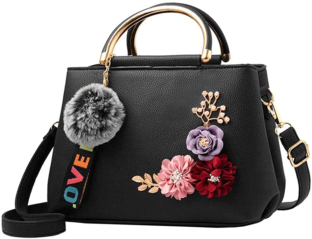 Price:$23.89    Women Leather Shoulder Bag Handbag Tote Flowers Shell Ladies Vintage Handle Pack Designer Wallet Purse with Pompom  Clothing
