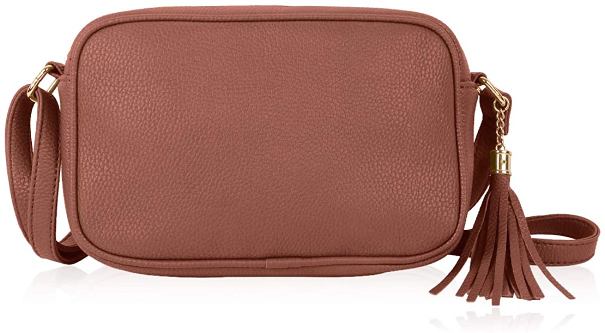 Price:$18.99 Classic Rectangle Vegan Leather Small Purse Handbag - Structured Camera Messenger Bag Shoulder Crossbody Strap & Tassel Charm (Tassel Camera Bag - Dusty Rose)  Handbags   