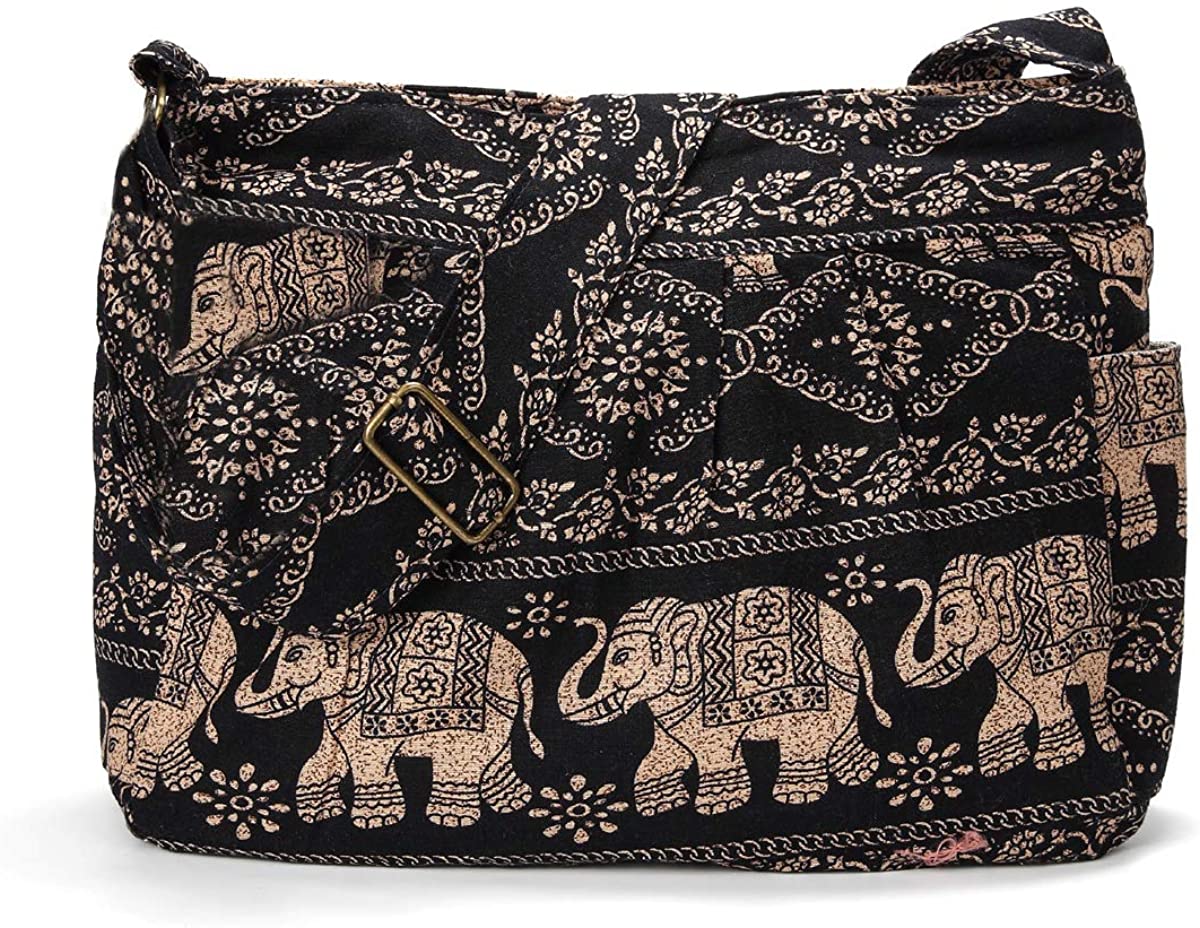 Price:$18.99 Women Large Shoulder Bag Elephant Print Cotton Bag Adjustable Crossbody Messenger Bag (brown)  Handbags   