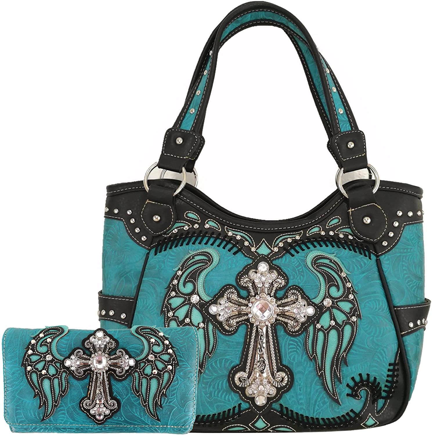 Price:$62.95    Western Rhinestone Cross Laser Cut Wings Tote Concealed Carry Purse Handbag Women Shoulder Bag Wallet Set (Turquoise Set)  Clothing