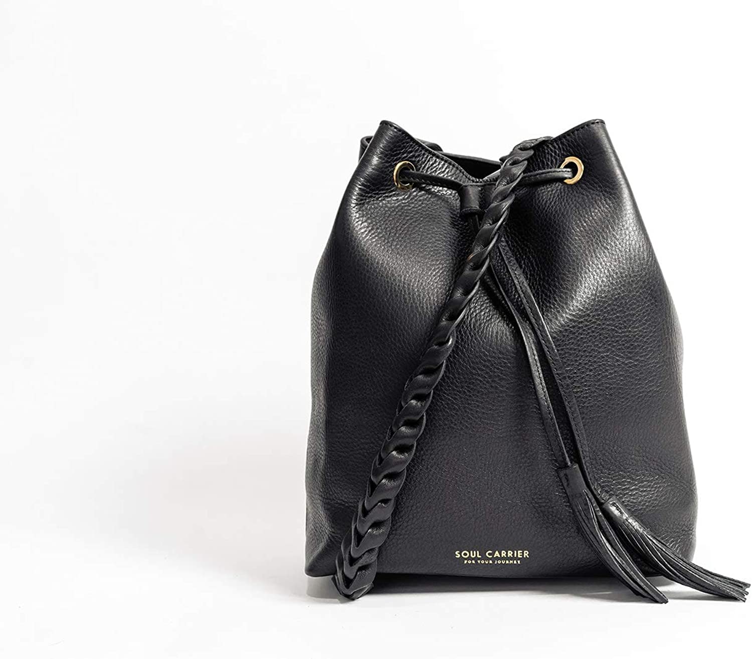 Price:$580.00 The Quintessential Bucket Bag by Soul Carrier | Womens Large Crossbody/Shoulder Bag/Purse/Handbag with Braided Leather Strap (Black)  Handbags   