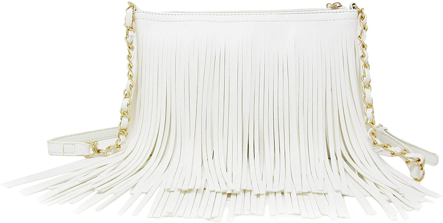 Price:$17.95 Women's Fringe Faux Leather Crossbody Bag Tassel Shoulder Bag-E031(White)  Handbags   
