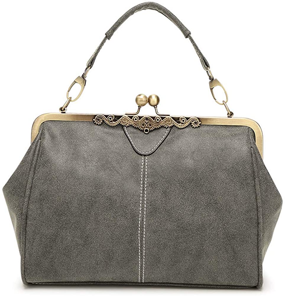 Price:$21.99    Women Vintage Handbag Kiss Lock Shoulder Purse Satchel Retro Tote Messenger Bag, Gray, 1  Clothing