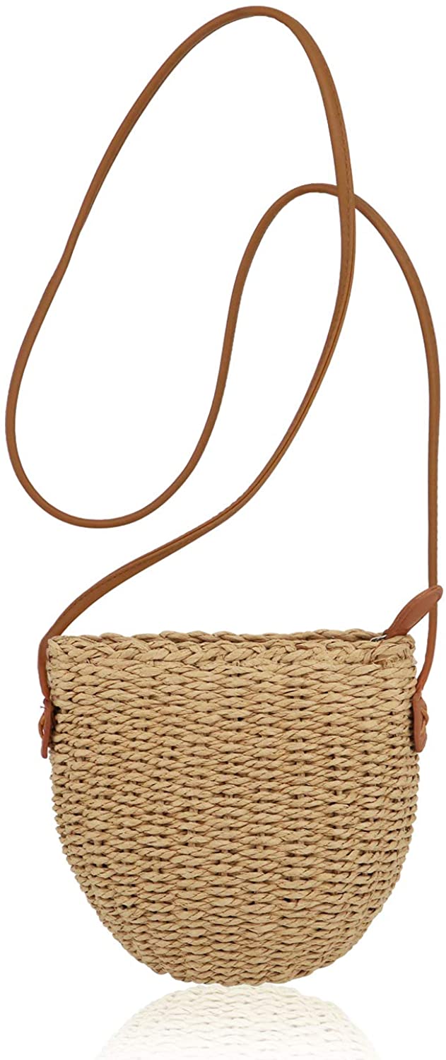 Price:$22.99 QTKJ Women Straw Zip Shoulder Bag Summer Beach Mini Crossbody Handbag with Leather Shoulder Strap (Khaki)  Handbags   
